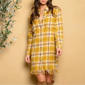 WOMEN'S LONG SLEEVE PLAID BUTTON UP DISTRESS MINI DRESS